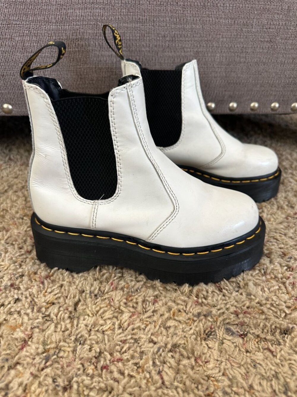 Dr. Martens Womens White Quad Chelsea Platform Boots Black Elastic Gussets 2976